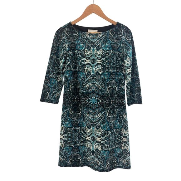 London Times Teal Print Shift Dress Sheath Size 4 Office Career Work Evening - Picture 2 of 6